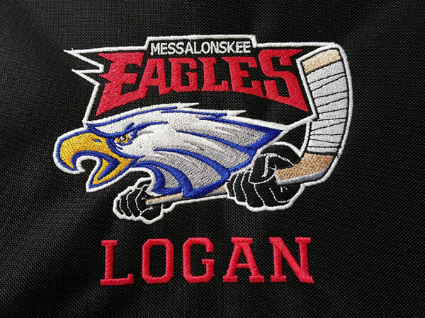 Mesalonskee Eagles logo embroidered by D R Designs, LLC.